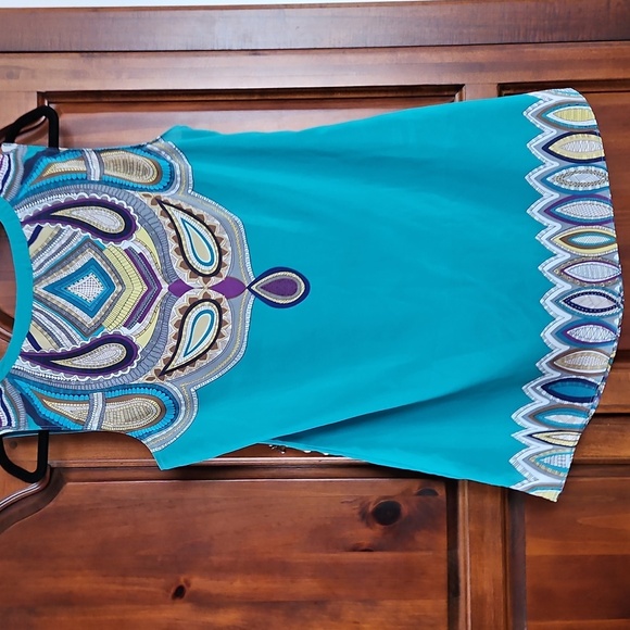 Nicole Miller Paisley Embellished, Colorful Teal Sleeveless Blouse, Sz L - Picture 5 of 7